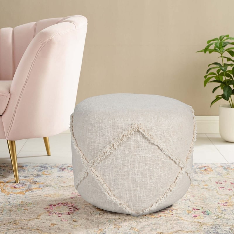 18" Beige Solid Texture Diamond Round Pouf Ottoman