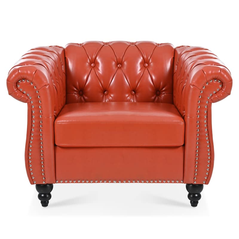 Orange PU Modern 38.98" Upholstered Buttons Tufted Accent Chair with Gourd Shaped Birch Legs and Nailheads