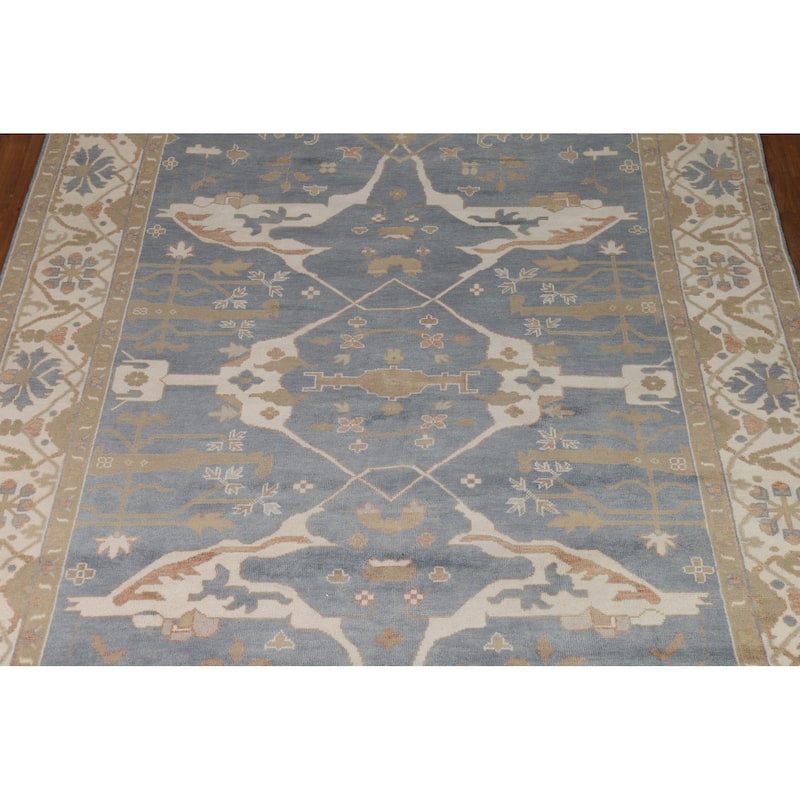 Blue & Ivory Oushak Indian Area Rug Handmade Wool Carpet - 9'2"x 12'0"