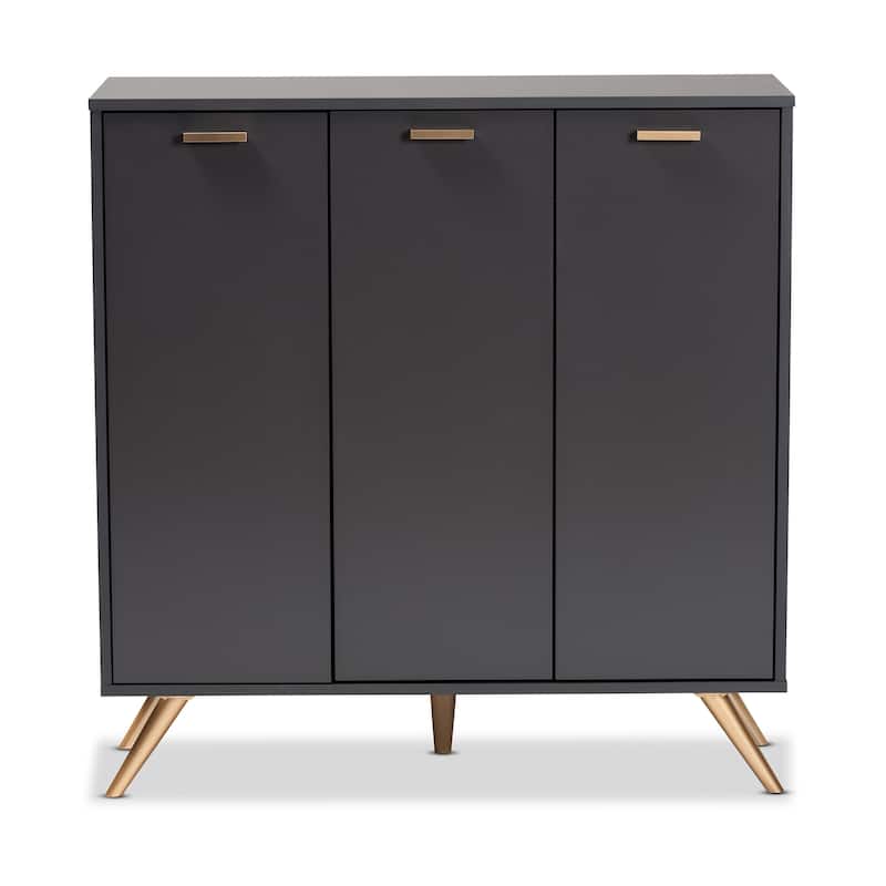 Kelson Modern Dark Grey and Gold Finished Wood 3-Door Shoe Cabinet