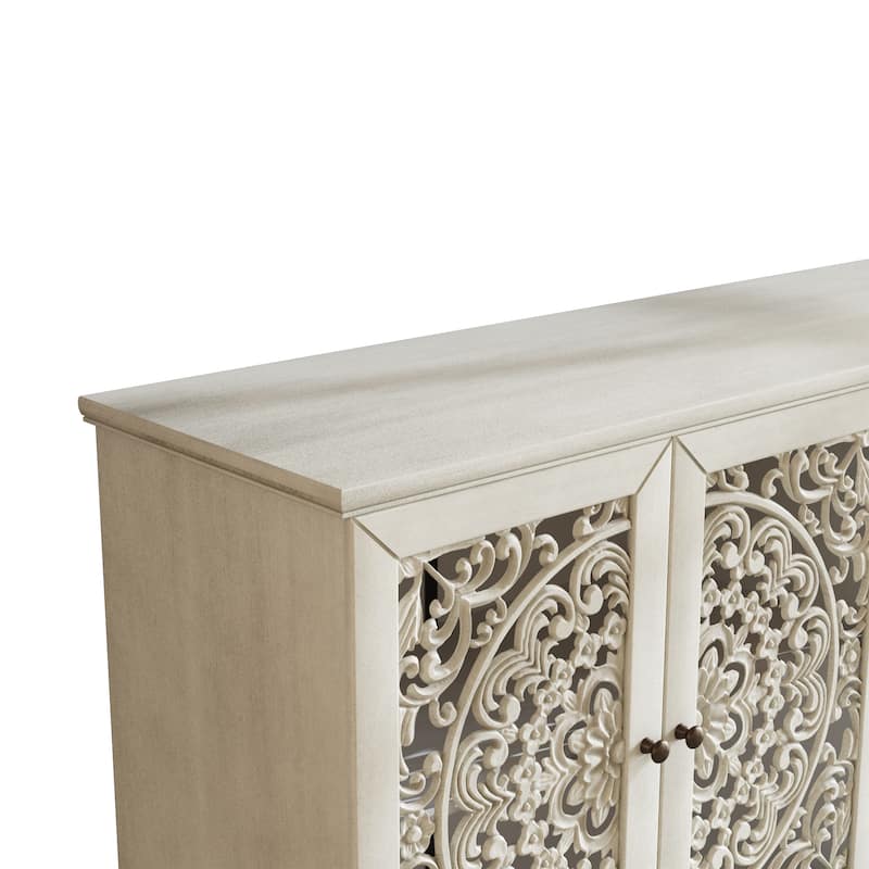 60" Antique Buffet Cabinet with Floral Carvings with Solid Wood Legs&Antique Brass Handles&Adjustable Shelves, TV Stand