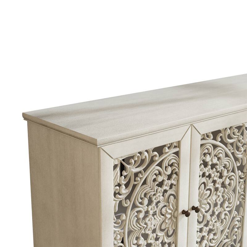 Roomfitters 60" Antique Buffet Cabinet, Floral Carved 4-Door Sideboard with Solid Wood Legs & Brass Handles