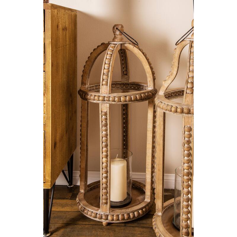 Reclaimed Wood Beaded Decorative Candle Lantern - Brown - Roche River Decor