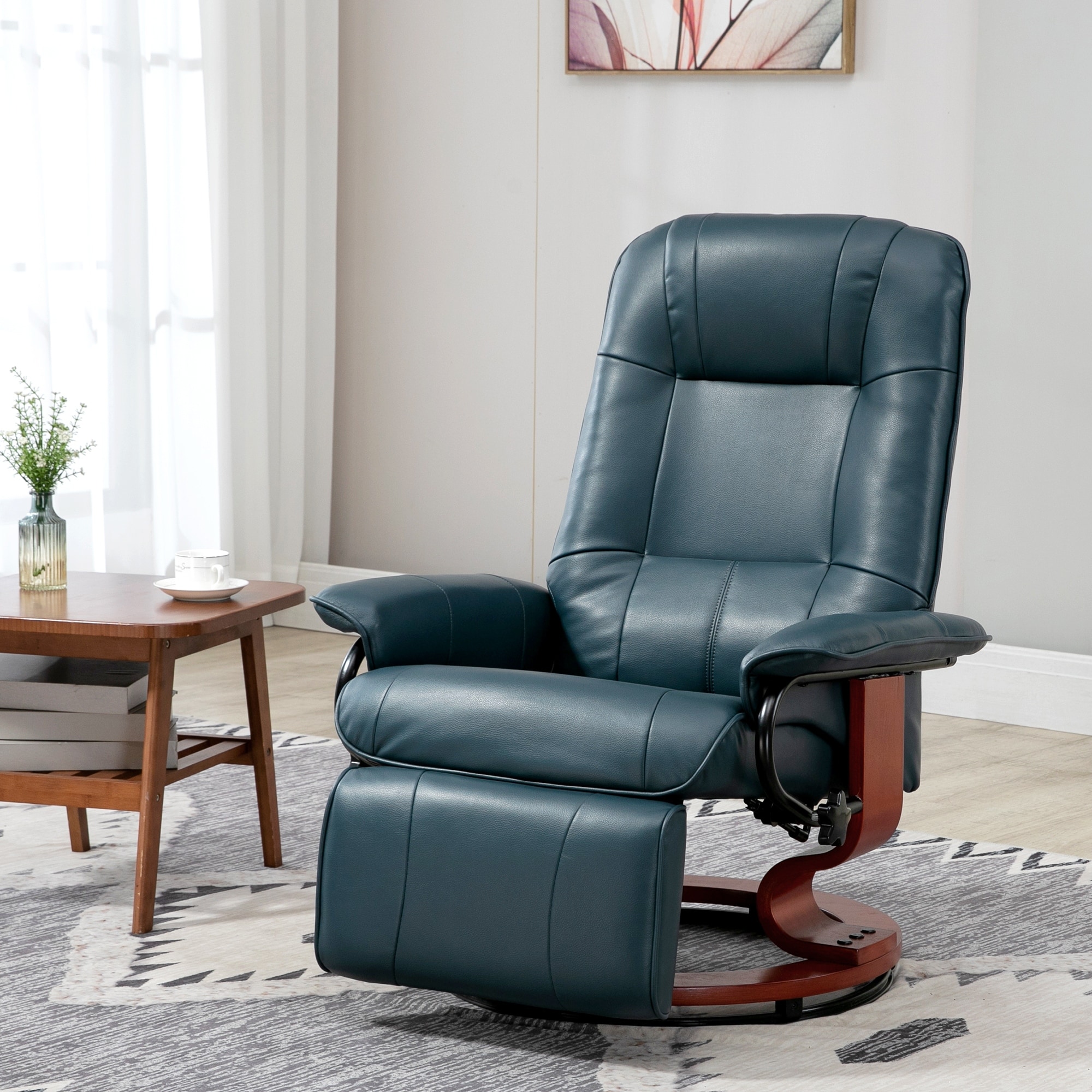 Mcombo Recliner with Ottoman Reclining Chair with Vibration Massage and Lumbar Pillow, 360 Degree Swivel Wood Base, Faux Leather 9068