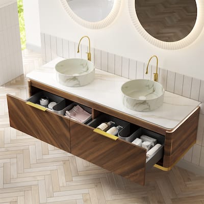 60" Floating Vanity with Smart Sensor Light, Stone Top and Vessel Sink