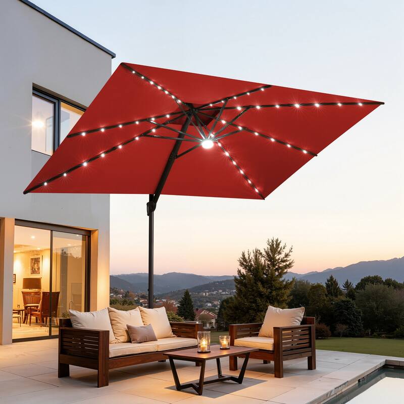 9 x11 FT Double Top Cantilever Patio Umbrella Large Rectangle with LED Lights - Red with Lights