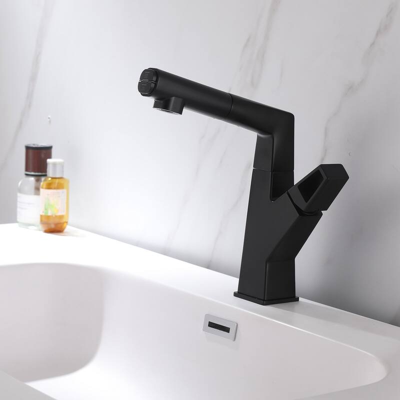 Single Handle Double-Function Liftable Pull Out Bathroom Sink Faucet - Matte black