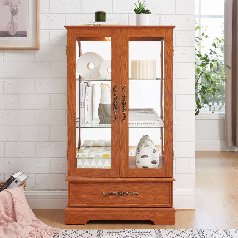 GDFStudio - Traditional Storage Lighted Curio Display Cabinet with Glass Doors and Drawer