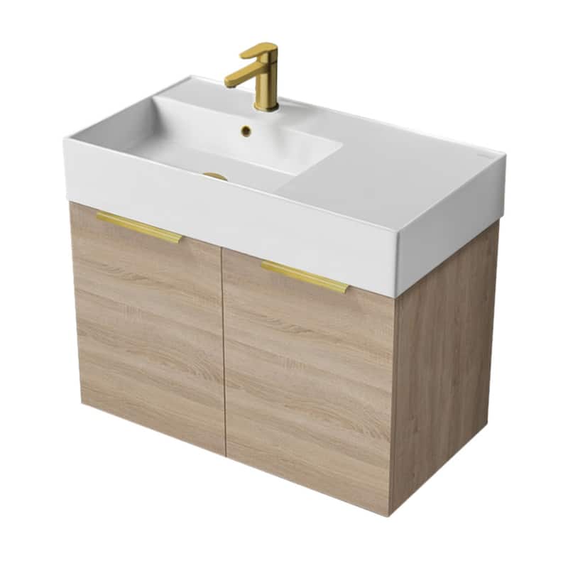 Nameeks Derin-3217-W-C-L Derin 32" Wall Mounted Single Basin Vanity - Brown Oak / Matte Gold - Oak Finish