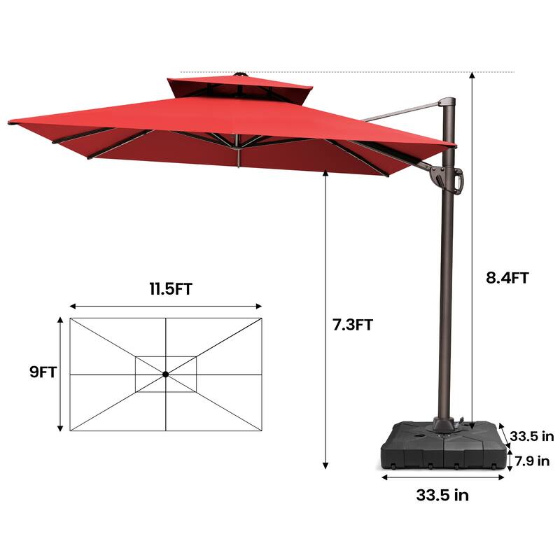 Pellebant 9 FT x 11.5 FT Outdoor Patio Dual Top Cantilever Offset Umbrella with Wheel Base