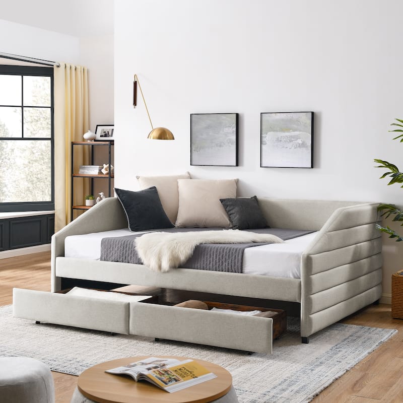 Linen Fabric Upholstered Daybed with Pull-Out Trundle or Storage Drawers, Tufted Sofa Bed Frame with Wood Slat Support