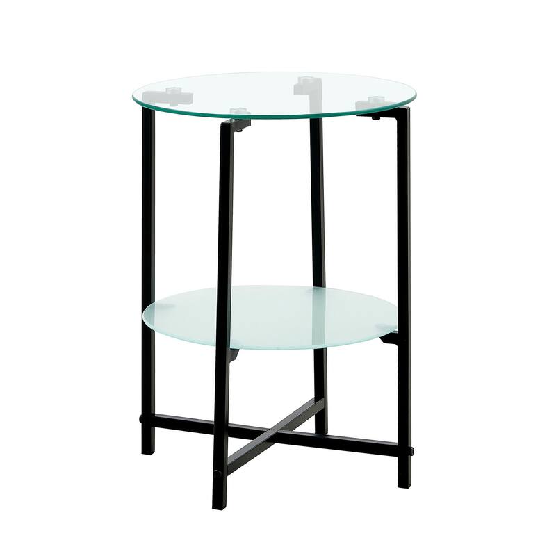 2-layer Round Tempered Glass End Table/Coffee Table with Iron Frame - Transparent & Black