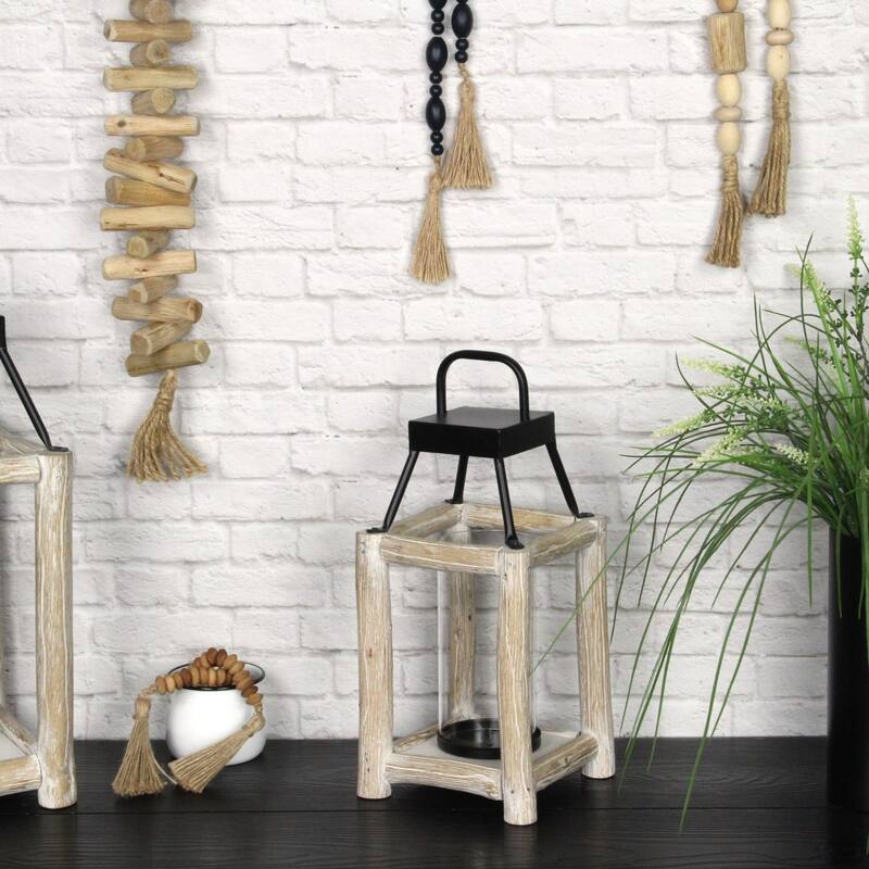 Wooden Bar Solid Lantern with Handle - 14.5" - Brown and Black - Small
