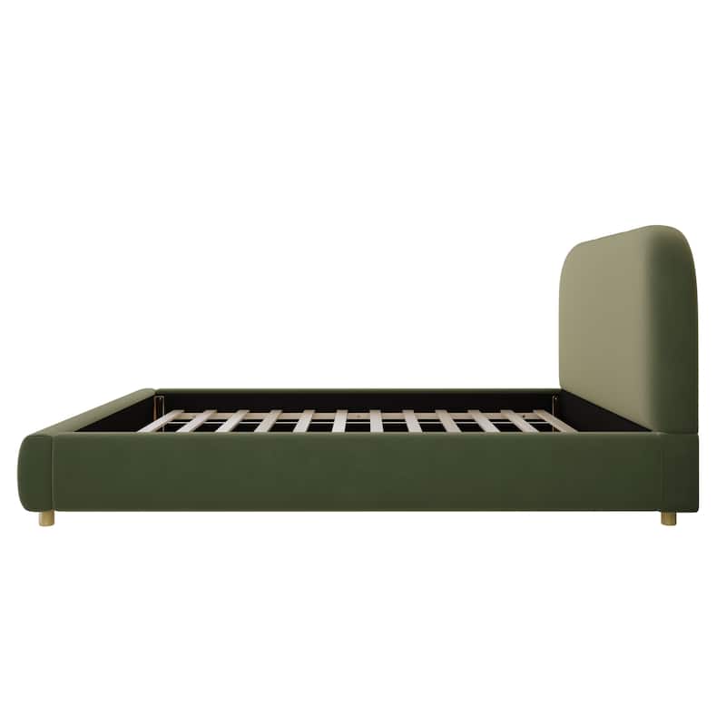 Queen Size Platform Bed with Velvet Fabric, Upholstered Bed with Curve Design Thick Headboard, Olive Green
