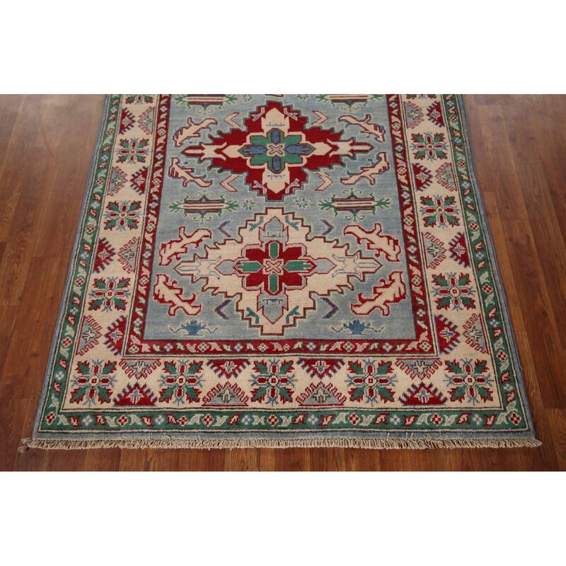 Light Blue Oriental Kazak Area Rug Handmade Wool Carpet - 4'0" x 5'11"