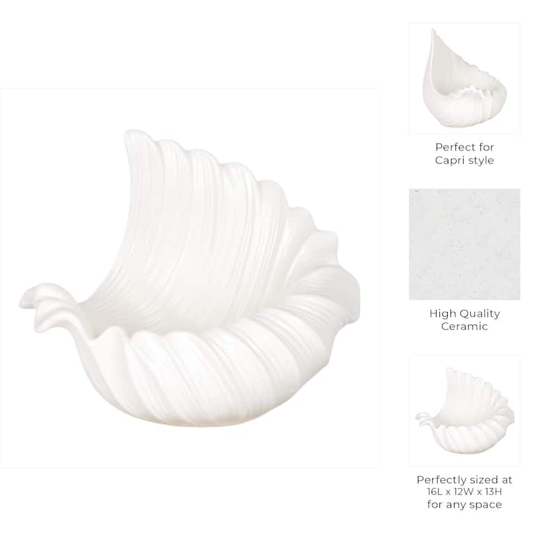 Ceramic Bowl Textured Shell-Inspired Design for Home Decor - 13" White - 16" x 12" x 13"