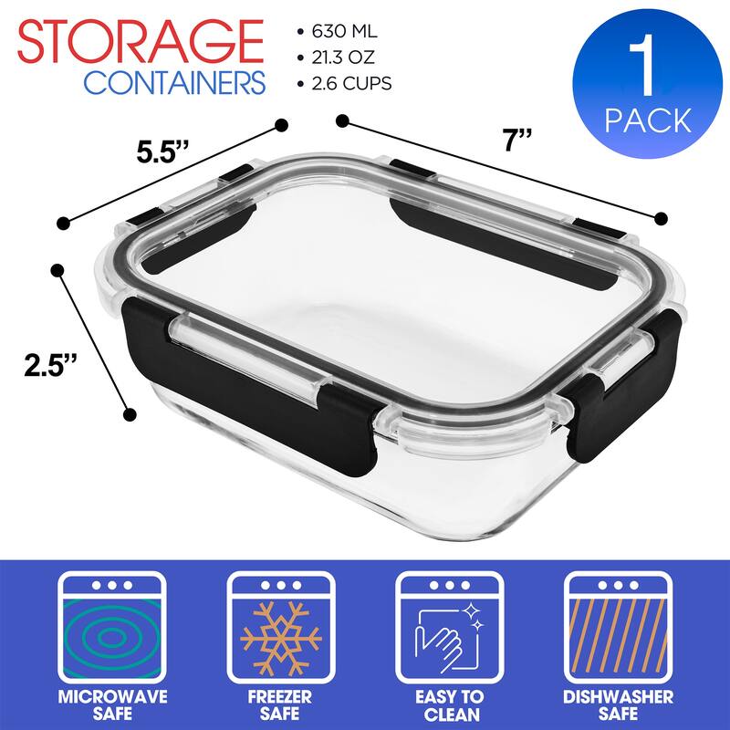 Sorbus Square Airtight, Leak-proof Glass Food Prep and Storage Container with Lid (Single) - 7" L x 5.5" W x 2.5" H