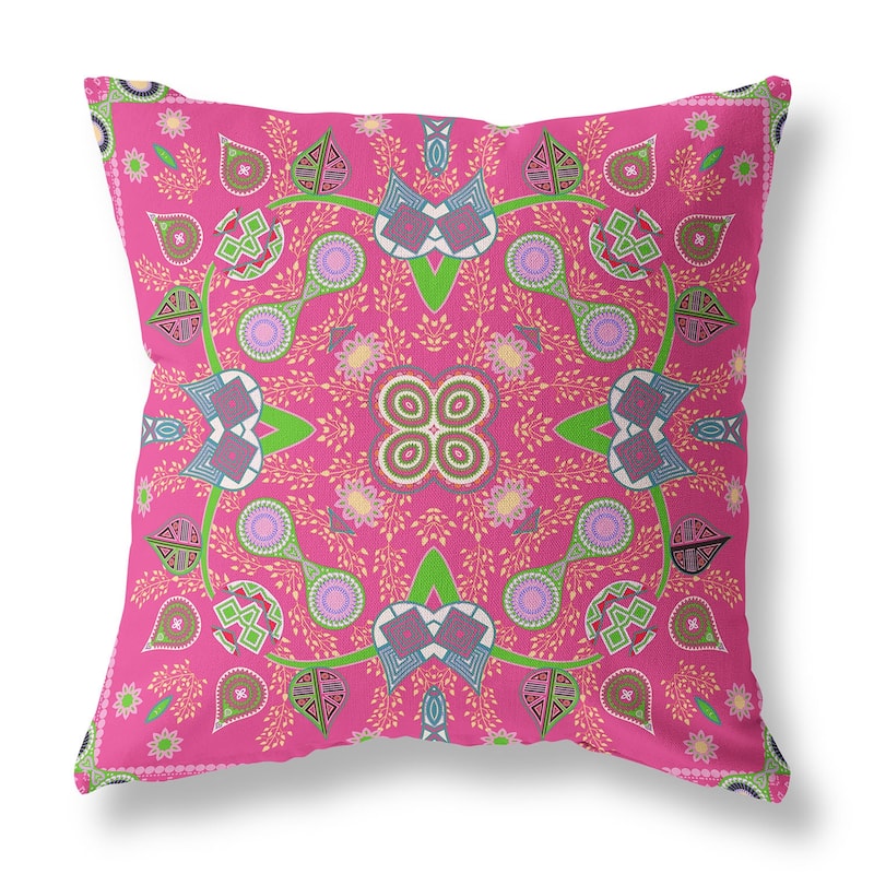 HomeRoots 16" x 16" Hot Pink Blown Seam Paisley Indoor Outdoor Throw Pillow - 16.00' X '5.00' X '16.00