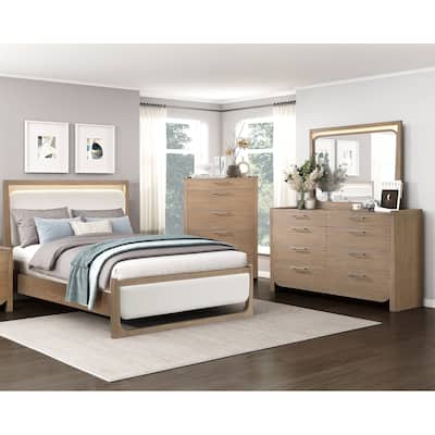 4pc Light Brown Contemporary Bedroom Set LED Bed Dresser Mirror Chest Storage