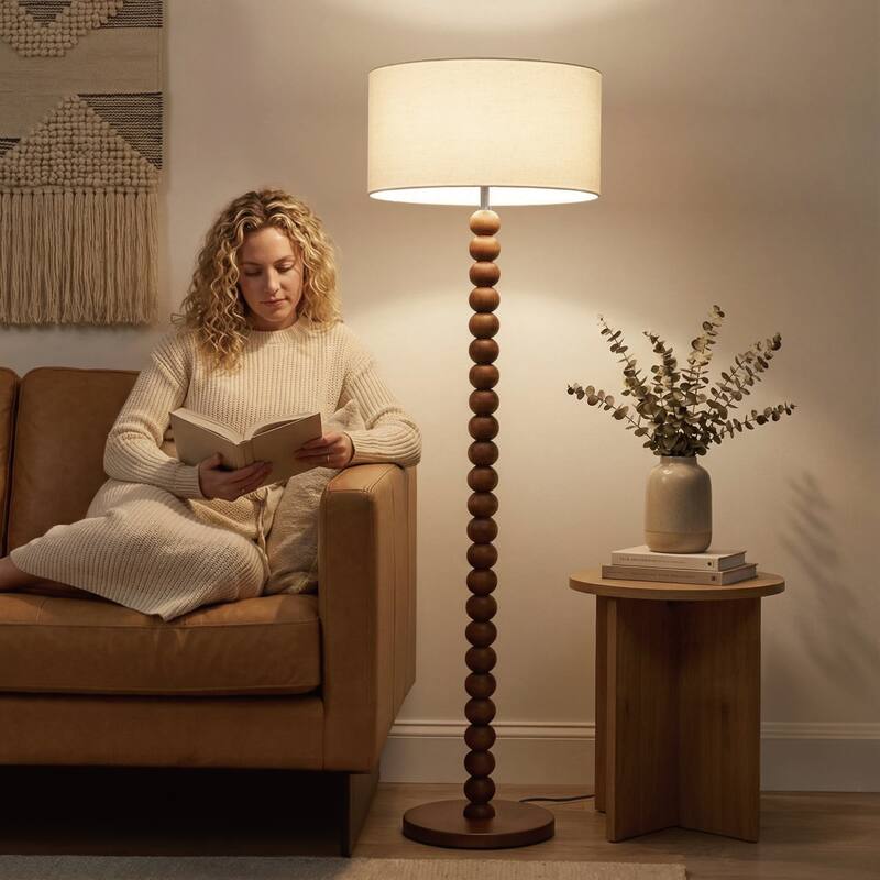 61" Wooden Beaded Floor Lamp, Retro Walnut Finish Standing Lamp with Linen Shade, Rubberwood Base for Living Room, Bedroom