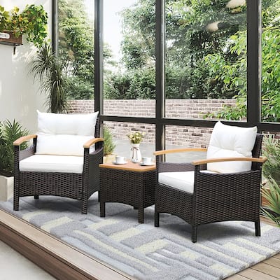 3PCS Patio Rattan Furniture Set Armrest Sofa Wooden Table Top