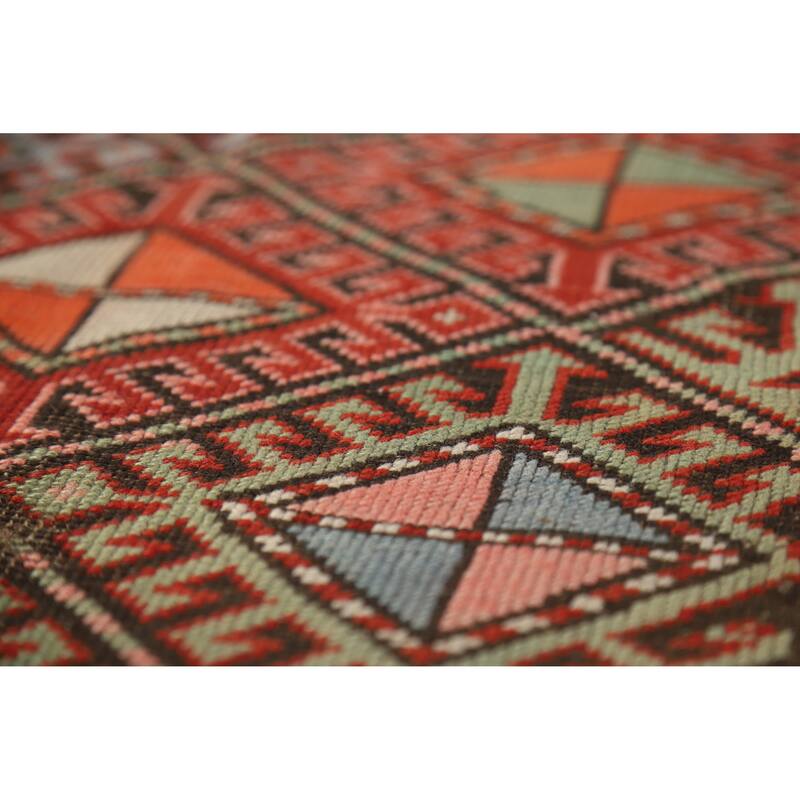 Hand Knotted Oriental 100% Wool Carpet Traditional Geometric Oranges & Rust Kazak Runner Rug - 8' 6'' X 3' 8''