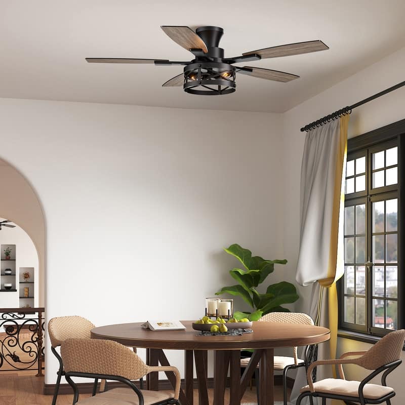 52 Inch Farmhouse Ceiling Fan with Light and Remote Black Industrial Caged Ceiling Fans for Living room - 52 in.