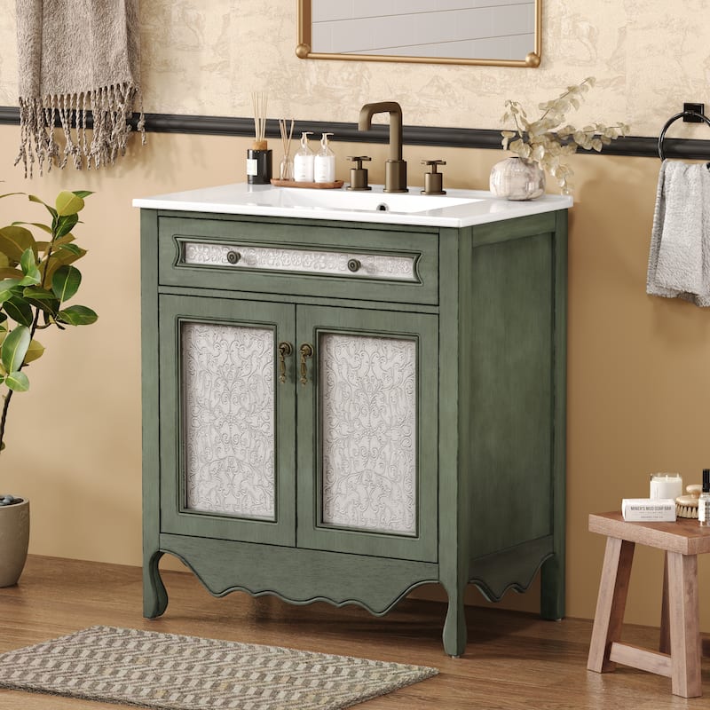 Bathroom Vanity with Ceramic Sink, Bathroom Cabinet with One Flip Drawer and Two Doors, Restroom Vanity with Adjustable Shelf