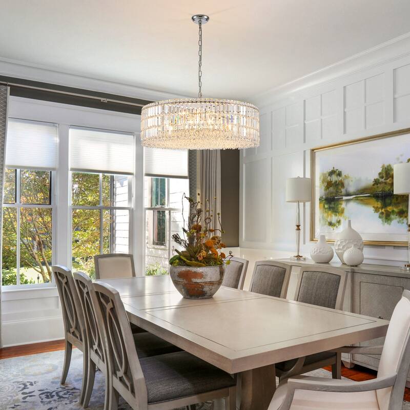 12-Lights Modern Drum Glam Dimmable Crystal Chandelier Round Kitchen Island Light - W31.5"