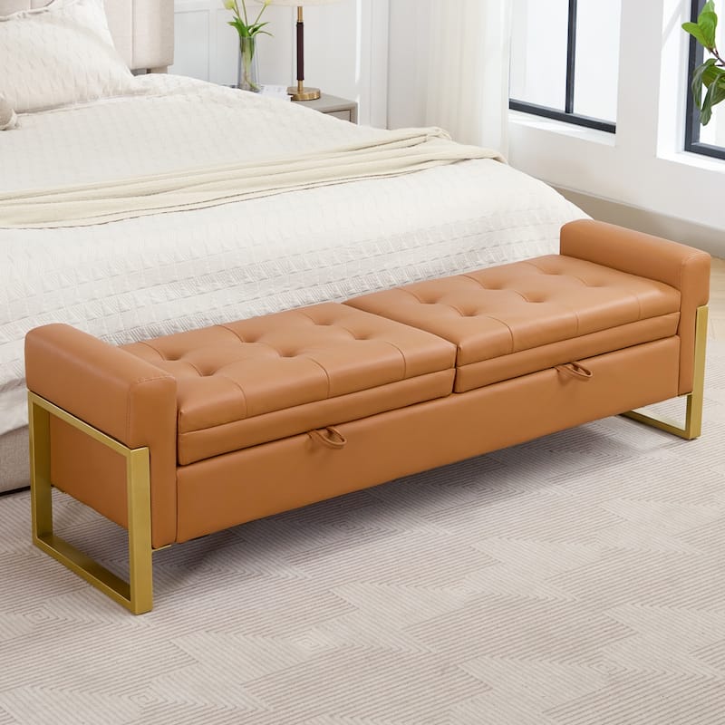 66" Storage Bench King Size End of Bed with Double Lids and Gold Legs - Brown - Faux Leather