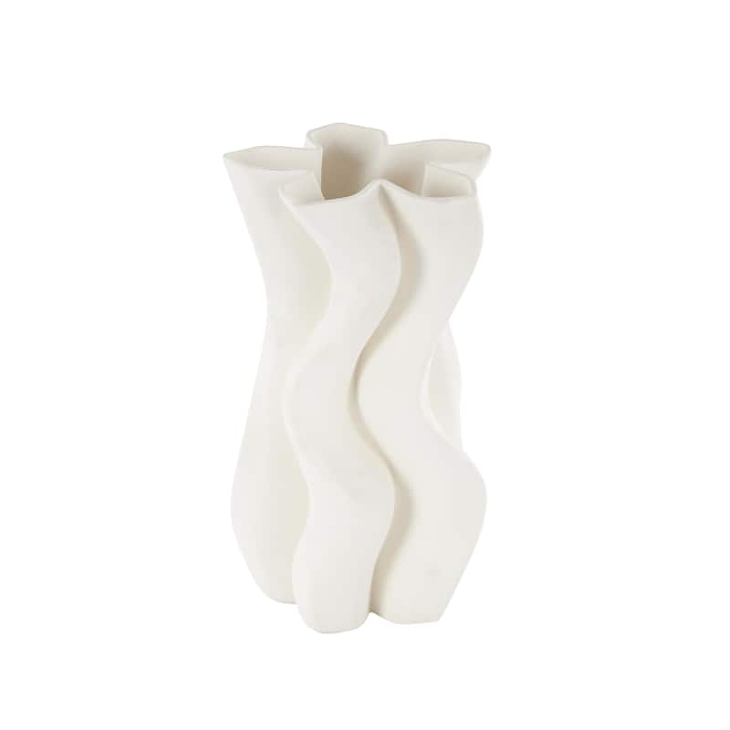 Ceramic Abstract Ribbed Dimensional Wavy Decorative Vase with Floral Shaped Rim - White - Roche River Decor