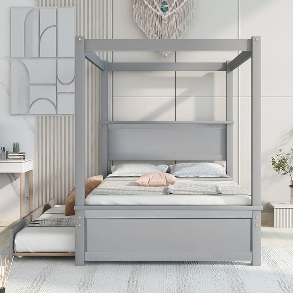 slide 2 of 13, Full Size Wood Canopy Bed with Trundle Bed & Support Slats, No Box Spring Needed Gray