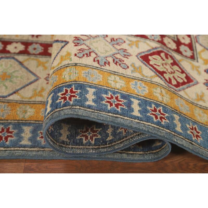 Geometric Kazak Area Rug Handmade Oriental Blue Wool Carpet - 6'7" x 9'10"