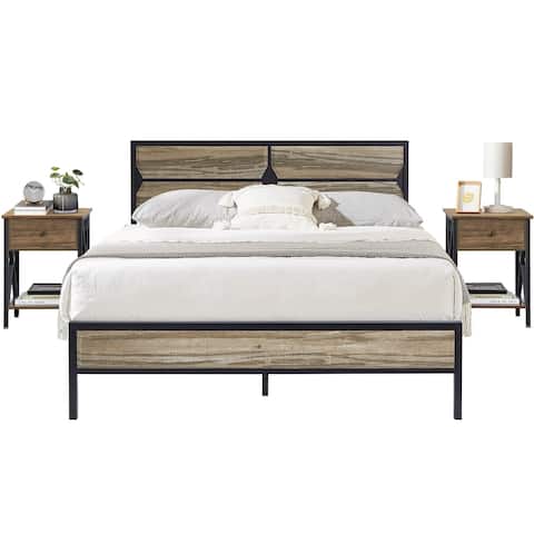 Javlergo 3-Piece Bedroom Sets Wooden Platform Bed Frame with 2 Nightstands, Bedroom Furniture, Slate