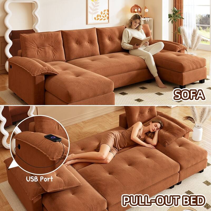 104.7" U-Shaped Sleeper Sofa, Convertible Sectional Couch with Pull-Out Bed, Removable Armrests, USB Ports & Chaise Lounge