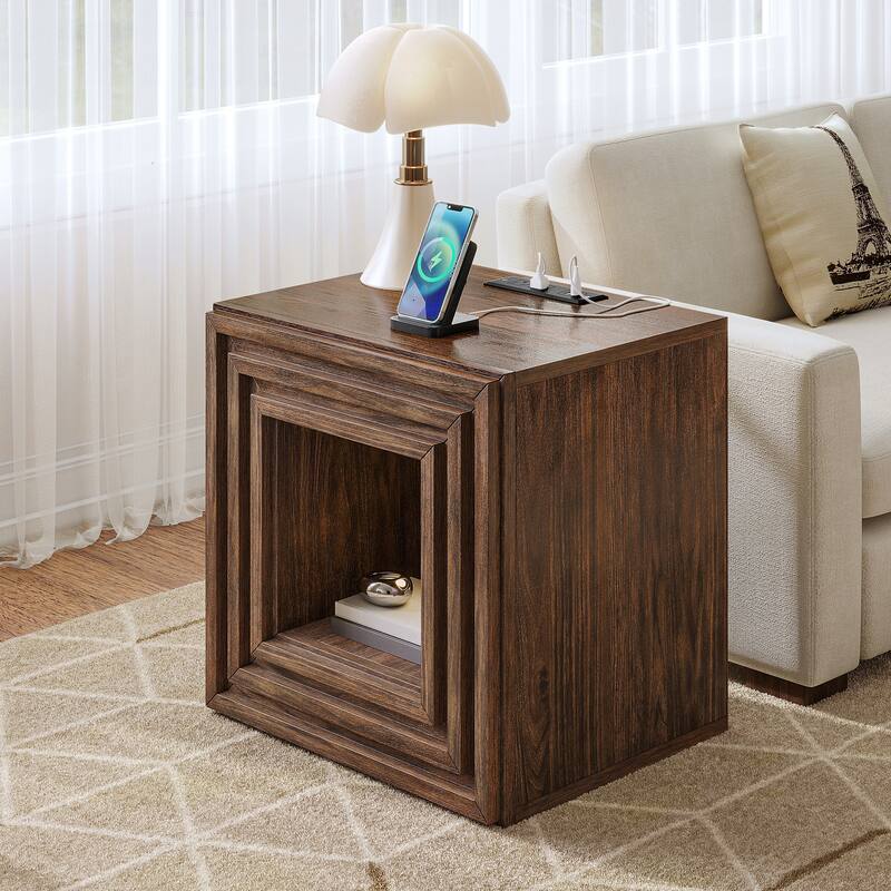 Moasis Farmhouse End Table Sofa Side Table with Drawer and Charging Station - Walnut
