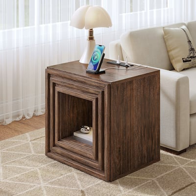 Moasis Farmhouse End Table Sofa Side Table with Drawer and Charging Station