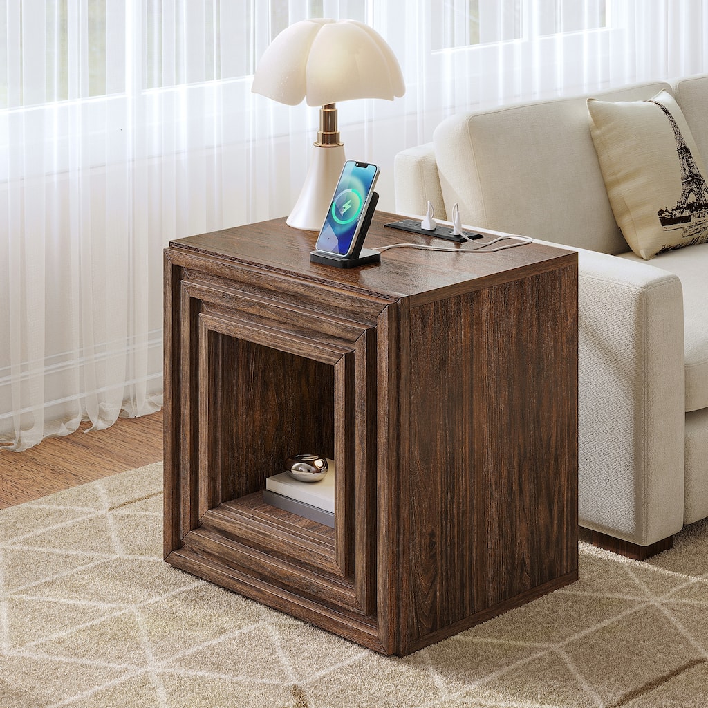 Moasis Farmhouse End Table Sofa Side Table with Drawer and Charging Station