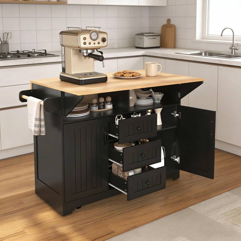 55.7" Rolling Kitchen Island with Double Drop Leaf, Power Outlet, 3 Drawers, Spice & Towel Rack, Folding Dining Table Cart