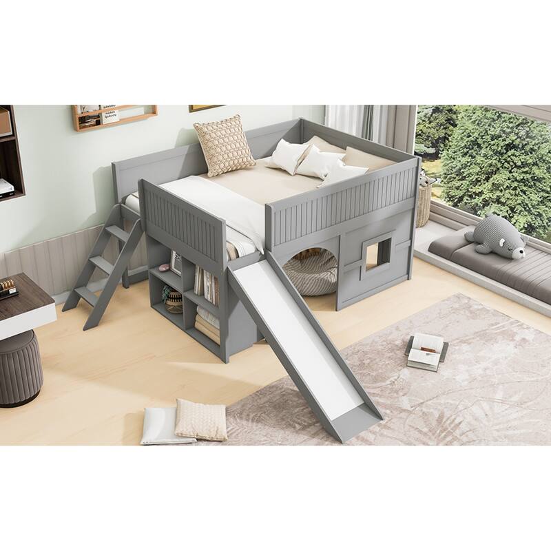 Roomfitters Full Low Loft Bed with Slide, Storage Shelves and Window Design