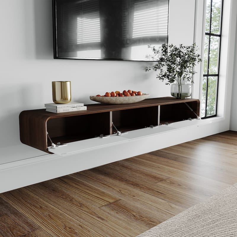 Floating Modern TV Stand for Living Room, Wall-Mounted Entertainment Center with Storage Drawers, Solid Wood, Fully-Assembled