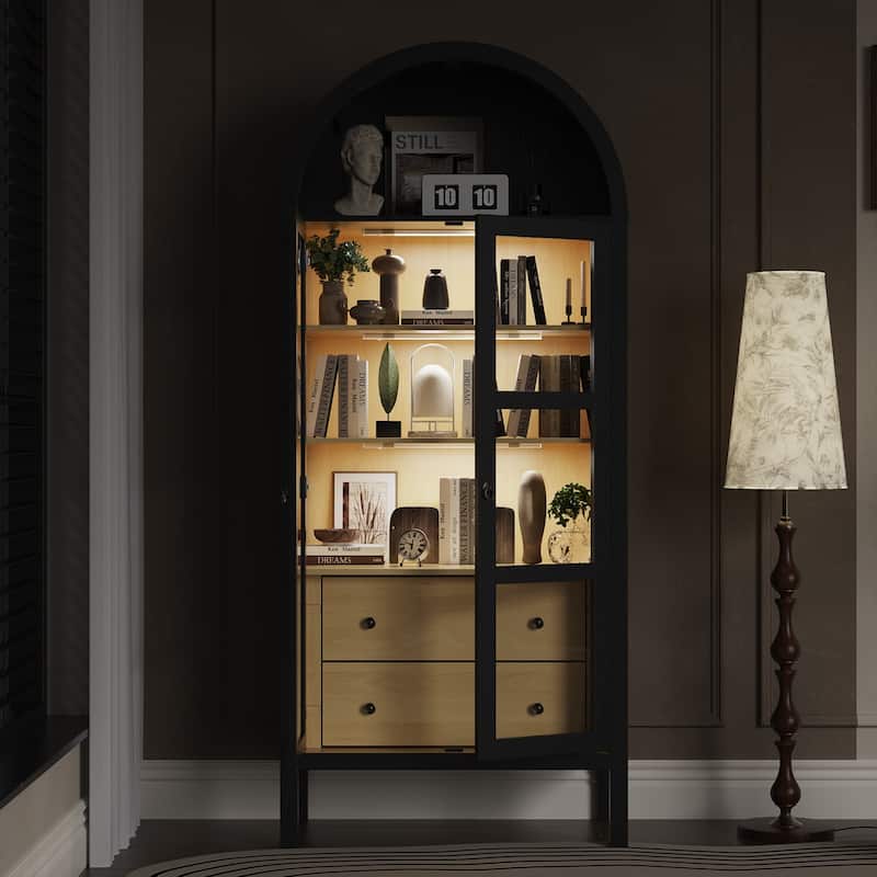 Modern Arched Cabinet with Glass Doors,72" Tall Arch Storage Cabinet with Height Adjustable Shelf and 2 Drawers Bookshelf