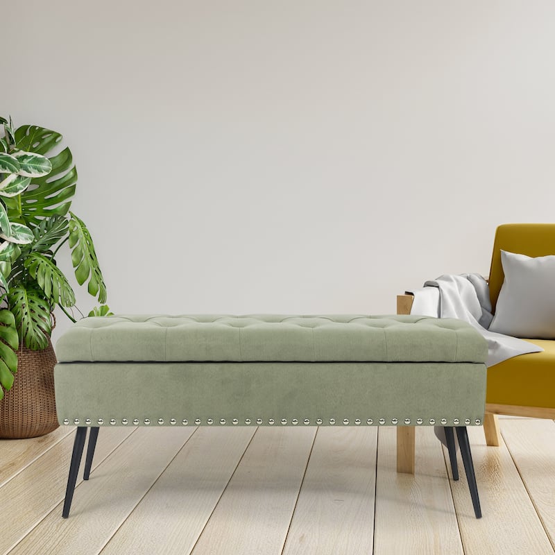 Adeco Storage Ottoman Bench Tufted Top with Metal Legs