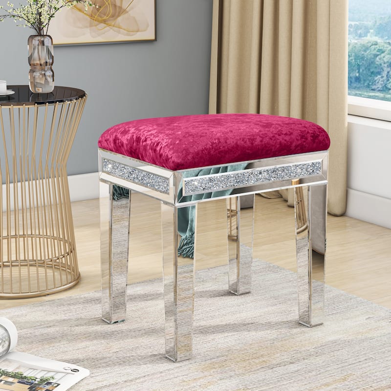 Mirror Diamond Vanity Stool with Velvet Upholstered Seat