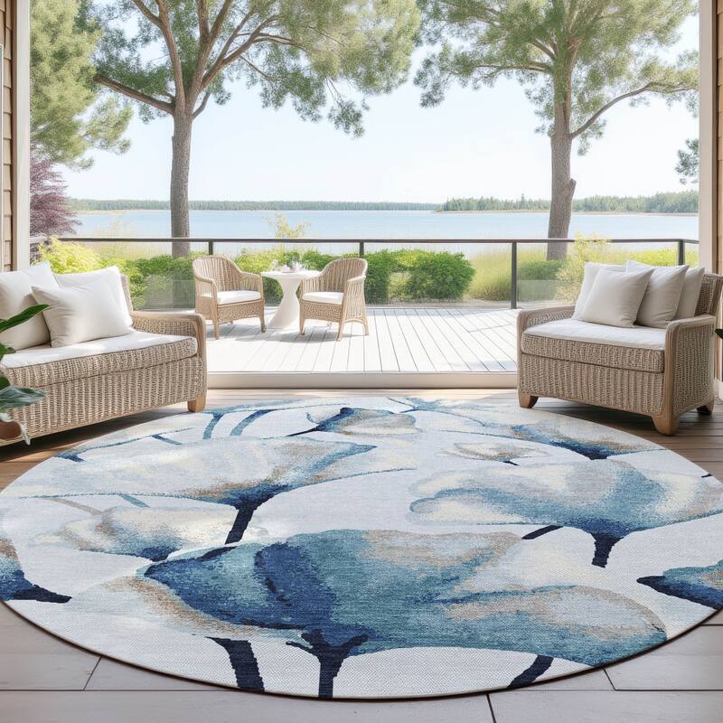 Machine Washable Indoor/ Outdoor Floral Love Chantille Rug - Sky - 8' x 8'