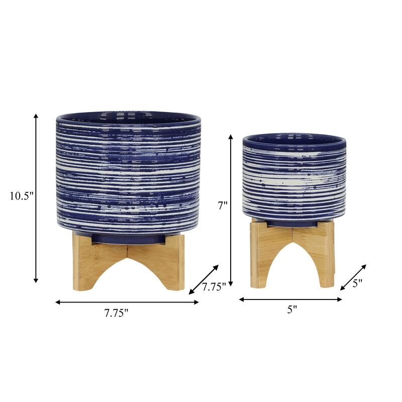 Sagebrook Home Striped Ceramic Planter with Wooden Stand Indoor/Outdoor