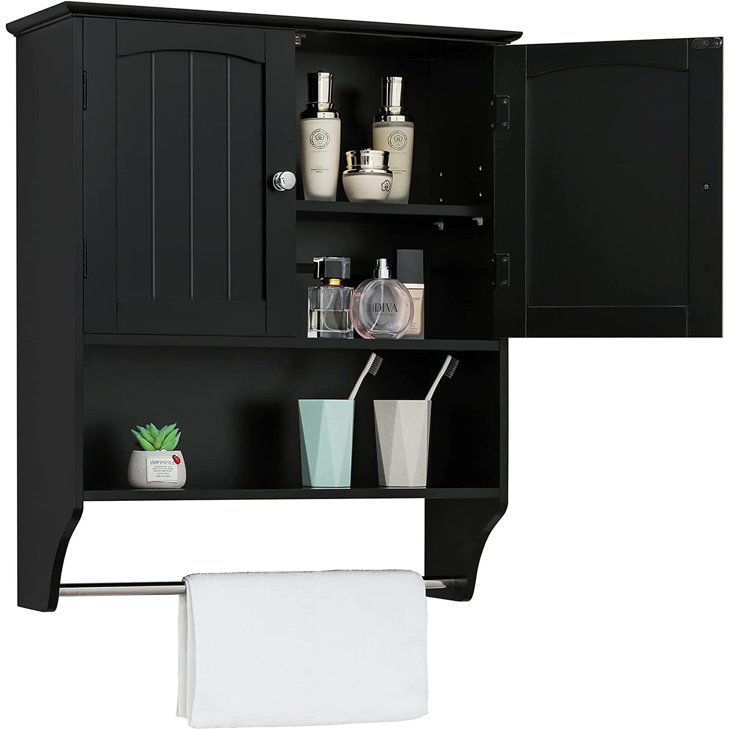 Wall Mount Bathroom Cabinet Wooden Medicine Cabinet Storage Organizer  Double Door with 2 Shelves, and Open Display Shelf, with Towel Bar