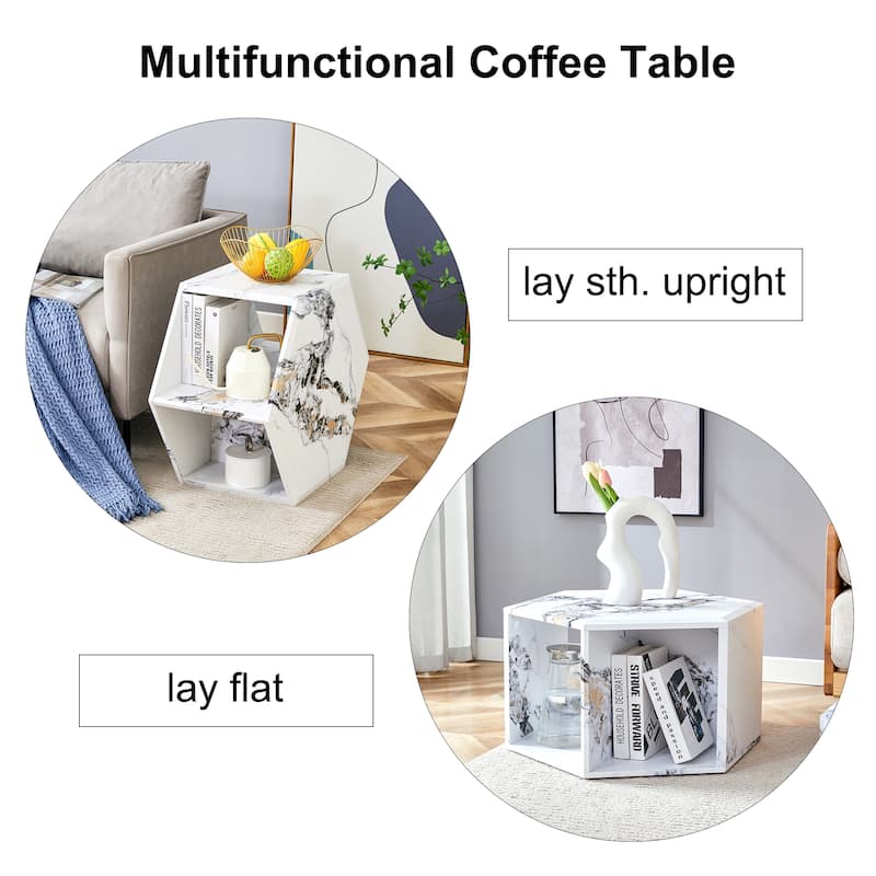 Hexagonal Coffee Table with Open Storage Space Multifunctional Wooden Side Table Small Apartment Center Table