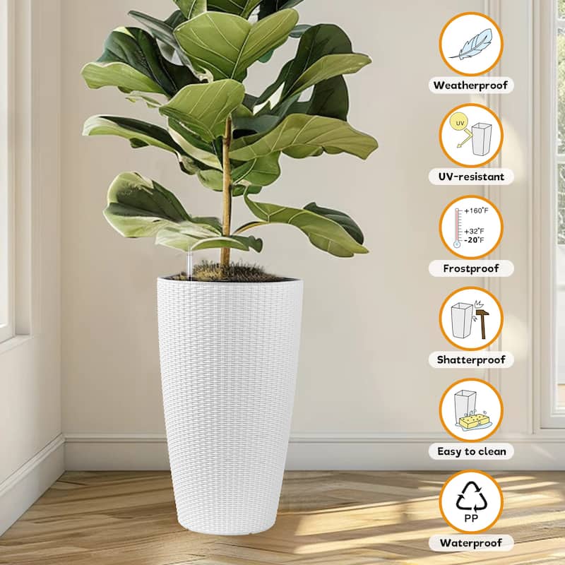 Set of 2 Faux Rattan Tall Planters Outdoor Indoor Large Planters with Water Level Monitor Inner Bucket,Automatic Watering