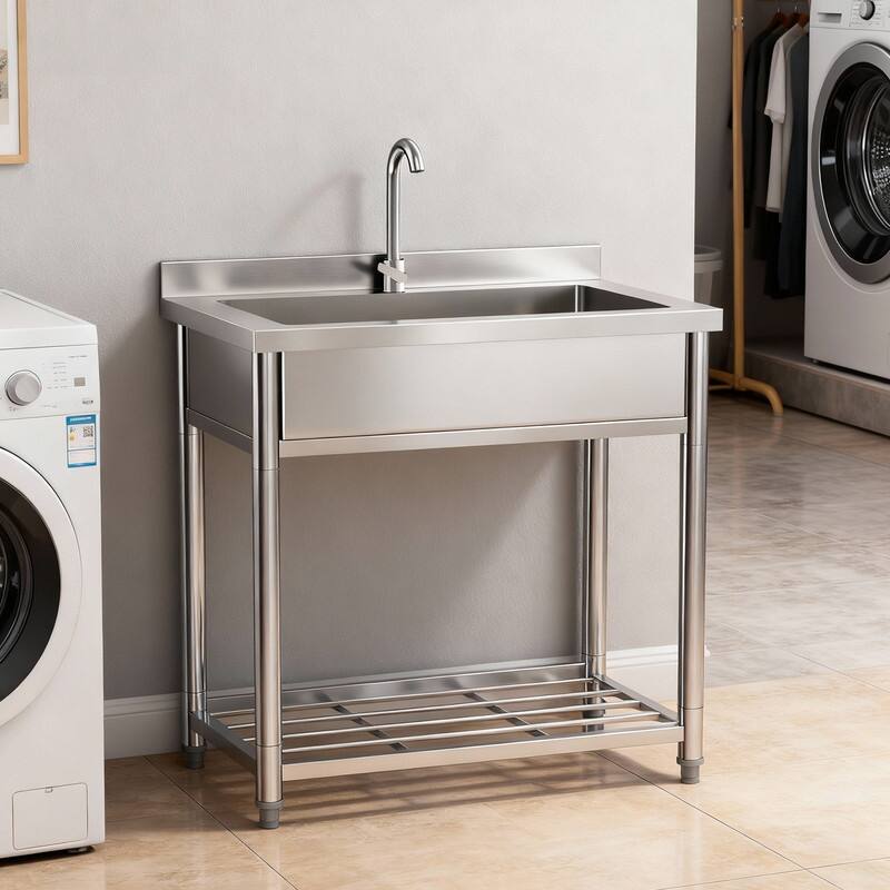 35.4 In. Freestanding Stainless Steel Large Single Basin Utility Sink With Shelve